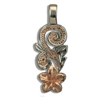 Fine Engraved Sterling Silver Rose Gold Coated Hawaiian Plumeria and Scroll Pendant