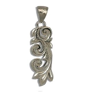 Fine Engraved Sterling Silver Hawaiian Maile Leaf and Scroll Pendant