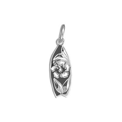 Fine Engraved Sterling Silver Cut-In Hawaiian Hibiscus with Surfboard Shaped Pendant