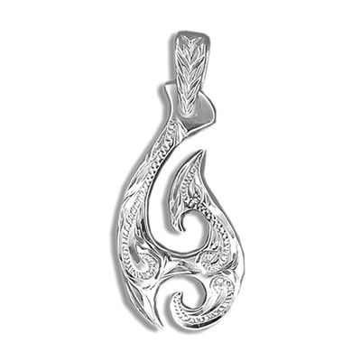 Fine Engraved Sterling Silver Female's Two Sided Hawaiian Fish Hook Pendant
