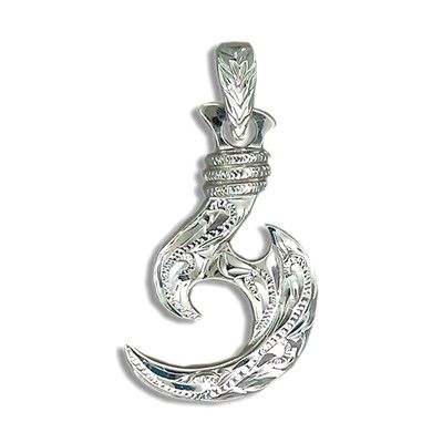 Fine Engraved Sterling Silver Female Two Sided Hawaiian Serrated Fish Hook Pendant