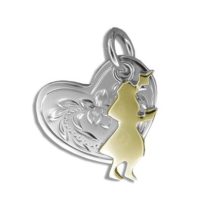 Sterling Silver Yellow Gold Coated Kahiko Heart with Hula Dancer Pendant