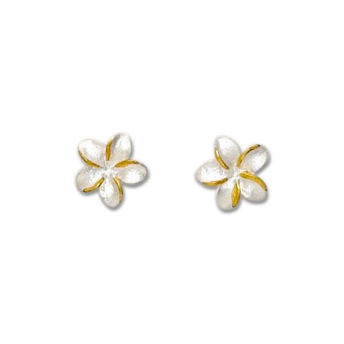 sterling Silver Light Weight 2 Toned White Sand 10mm Plumeria Stud Earrings