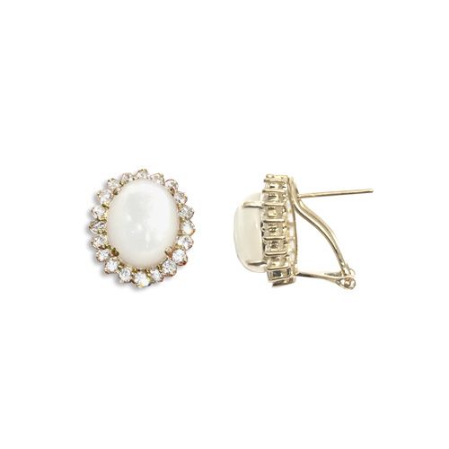 14KT Yellow Gold Oval Shaped Mother of Pearl with Created White Sapphire French Clip Earrings