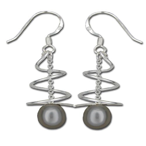 Sterling Silver Swirl and Dangling Black Fresh Water Pearl Fish Wire Earrings 