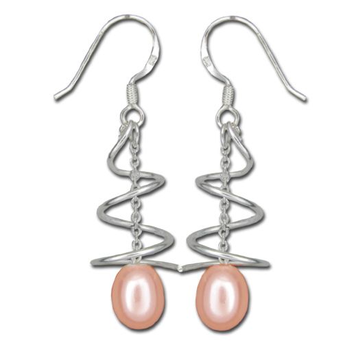 Sterling Silver Swirl and Dangling Peach Fresh Water Pearl Fish Wire Earrings 