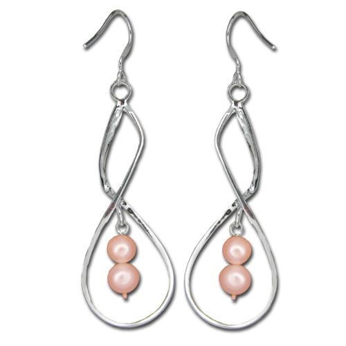 Sterling Silver Double Swirl with Peach Fresh Water Pearl Fish Wire Earrings