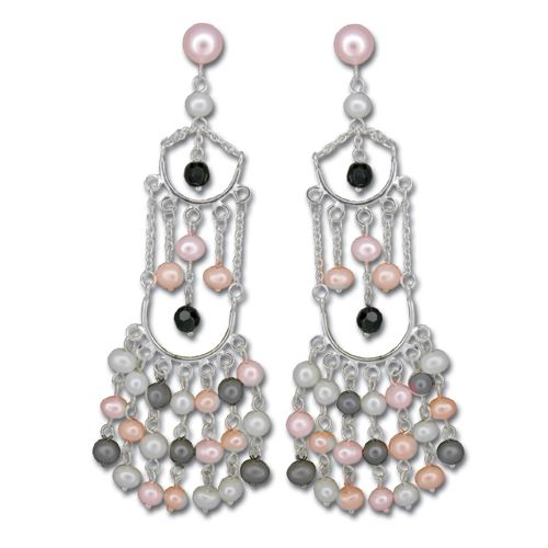 Sterling Silver Layered Mixed-Color Fresh Water Pearl Dangling Post Earrings 