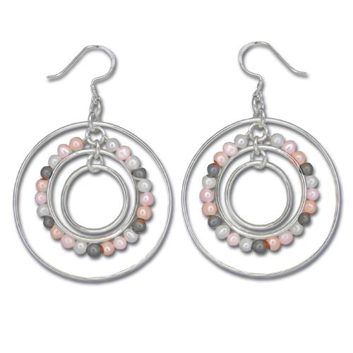 Sterling Silver Circles in Circle with Mixed-Color Fresh Water Pearl Dangling Earrings 