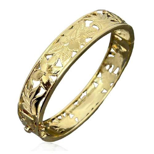 14KT Gold Hawaiian 14mm Cut-in Flower of Hawaii Bangle with Box Clasp and Hinge