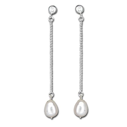 Sterling Silver Long Chain White Fresh Water Pearl Drop Post Earrings 