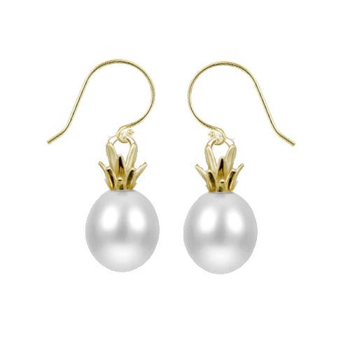 14KT Yellow Gold and Freshwater Pearl Pineapple Fish Wire Earrings
