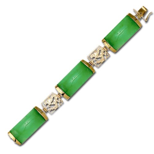 14KT Yellow Gold Green Jade Bracelet with 14KT Gold Dragon Filigree (L)