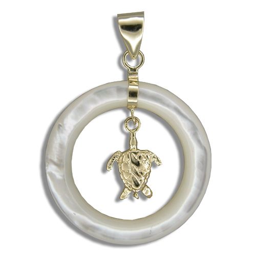 14KT Yellow Gold Dangling Hawaiian Honu in Round Shaped MOP (Mother of Pearl Shell) Pendant 