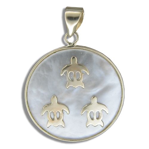14KT Yellow Gold Hawaiian Honu on Round Shaped MOP (Mother of Pearl Shell) Pendant 