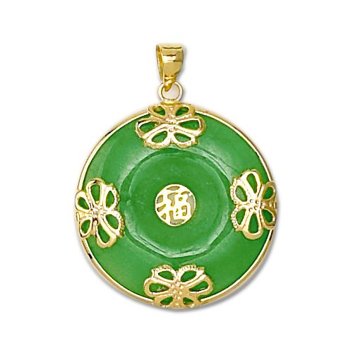 14KT Yellow Gold Chinese Good Fortune Green Jade Dish Pendant
