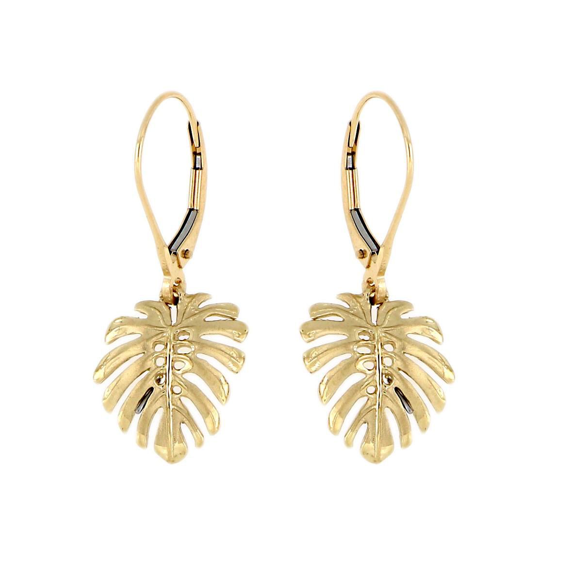 14KT Yellow Gold Hawaiian Monstera Leaf Earrings with Lever Back (M)