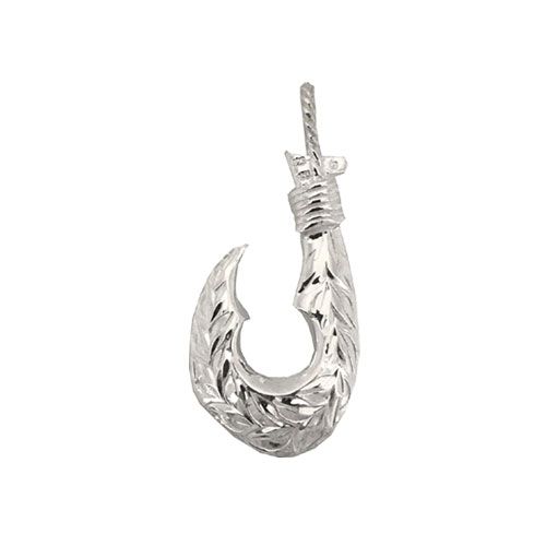Sterling Silver Hawaiian Fish Hook with Two Side Engraved Maile Leaf Design Pendant (S)