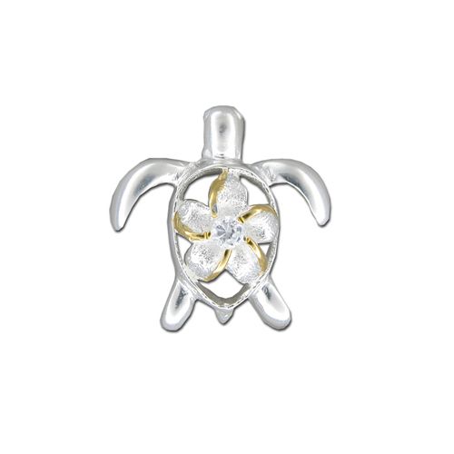 Sterling Silver 2 Toned Honu Pendant with Clear CZ Sanded Plumeria 