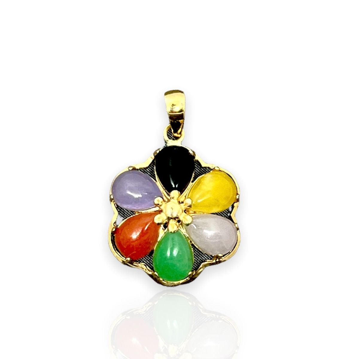 14KT Yellow Gold Six-Petal Plumeria with Mixed Color Jade Pendant 