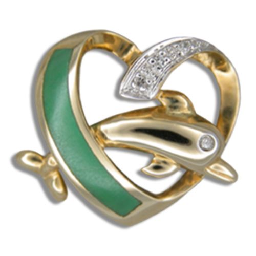 14KT Yellow Gold Green Jade Dolphin in Heart Pendant with Diamond