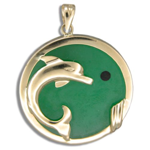 14KT Yellow Gold Dolphin with Round Shaped Green Jade Pendant
