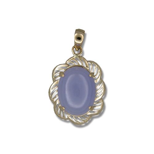 14KT Yellow Gold Cut-Out Flower Design with Oval Shaped Purple Jade Pendant