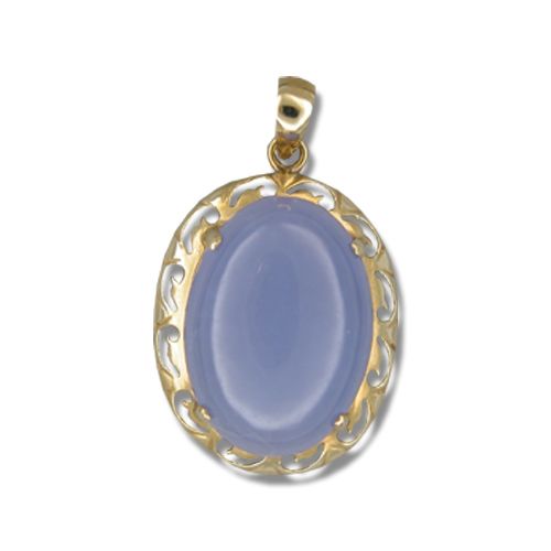 14KT Yellow Gold Oval Shaped Purple Jade with Cut In Waves Design Pendant