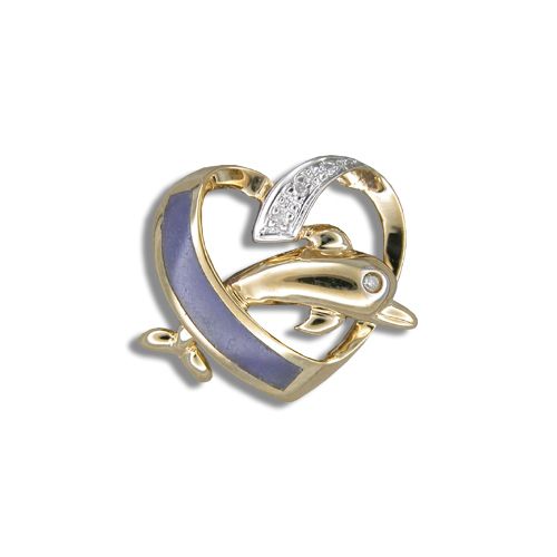 14KT Yellow Gold Purple Jade Dolphin in Heart Pendant with Diamond