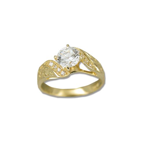 14kt Yellow Gold Hawaiian Hand Carved Scroll CZ Ring