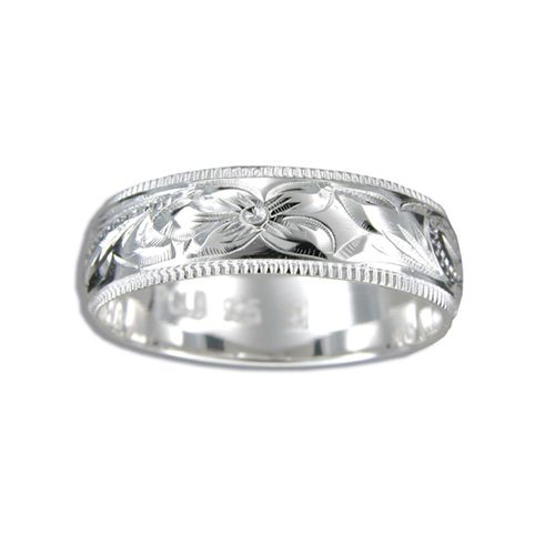 Sterling Silver 6MM Hawaiian Plumeria and Scroll Ring with Coin Edge