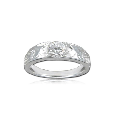Sterling Silver Hawaiian Plumeria and Scroll with Tension Style CZ Ring