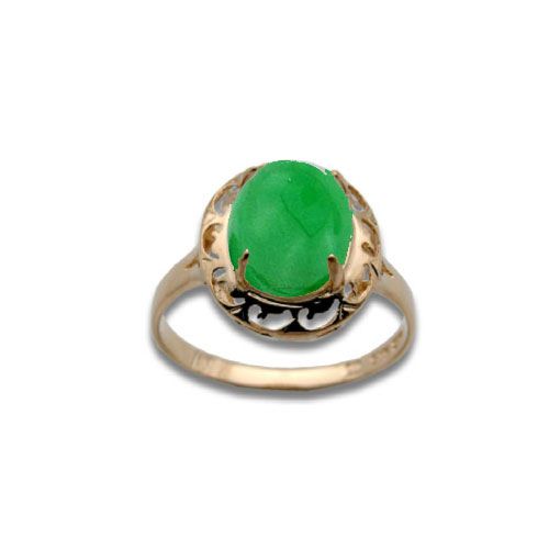 14KT Yellow Gold Oval Shaped Green Jade with Cut In Waves Design Ring