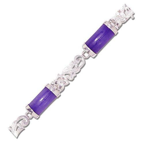 Sterling Silver Hawaiian Plumeria and Scroll with Long Bar Purple Jade Bracelet
