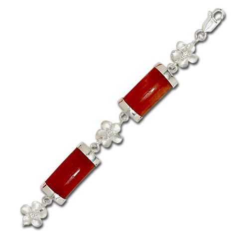 Sterling Silver Plumeria with Clear CZ and Red Jade Bracelet 