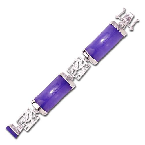 Sterling Silver Dragon Filigree with Purple Jade Short Bar Bracelet