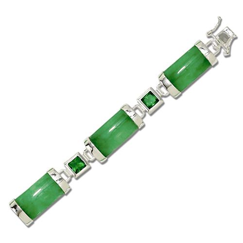 Sterling Silver Good Fortune Green Jade Bar with Green CZ Bracelet