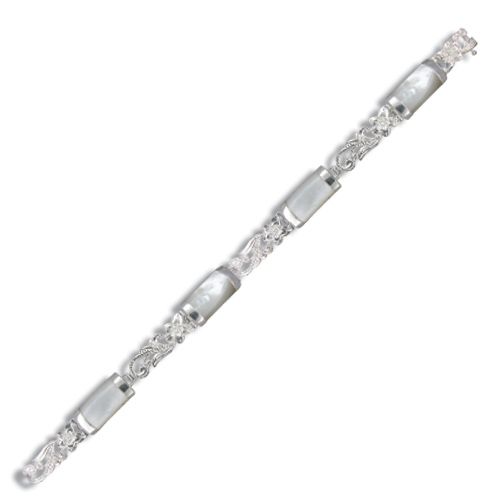 Sterling Silver Hawaiian Plumeria and Scroll with Long Bar White MOP (Mother of Pearl Shell) Bracelet