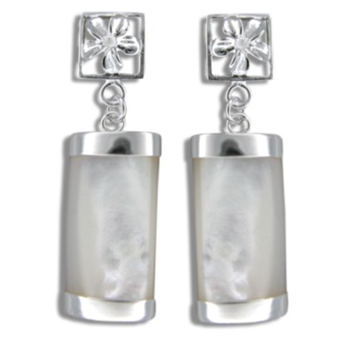 Sterling Silver Cut-In Plumeria with Long Bar Shaped White MOP (Mother of Pearl Shell) Earrings
