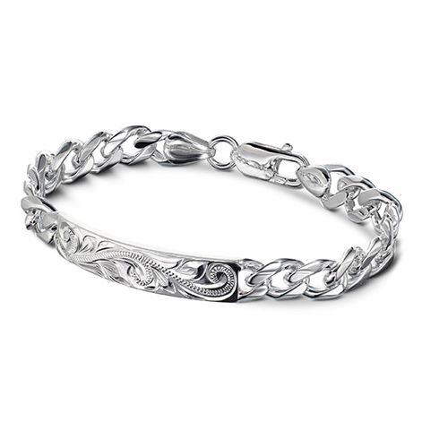 Sterling Silver Curb ID Bracelet with Scroll design