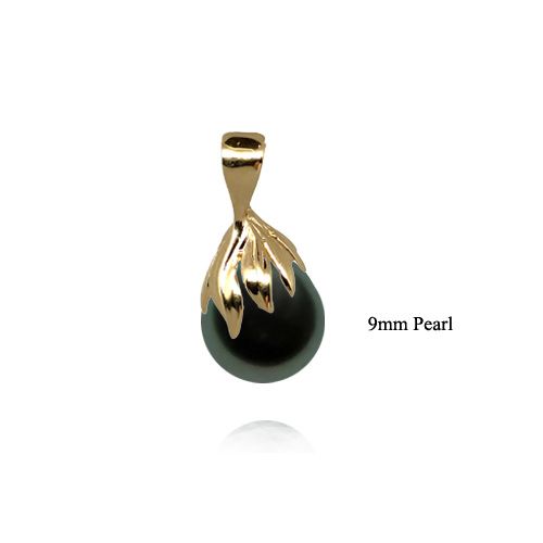14KT Yellow Gold Small Maile leaf Design AAA Round Tahitian Pearl Pendant