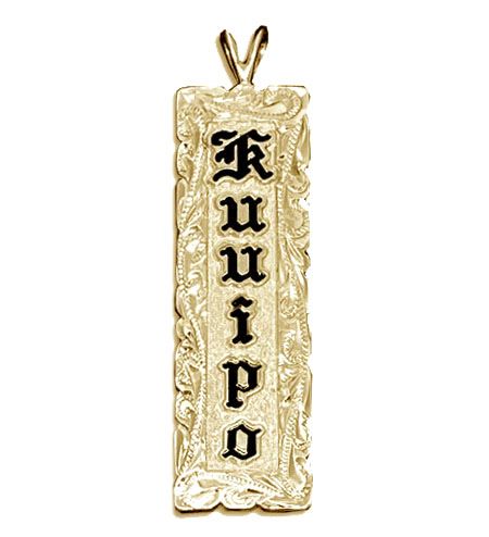 14KT Yellow Gold Name Drop Hawaiian Pendant with Hand Carved Scroll Cut-out Edges
