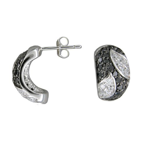 Sterling Silver Half-Hoop Black and Clear CZ Earrings