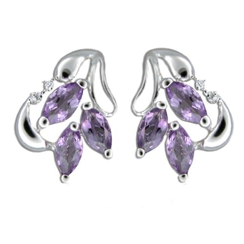 Sterling Silver Flower Vine Design with Amethyst Purple CZ Earrings 