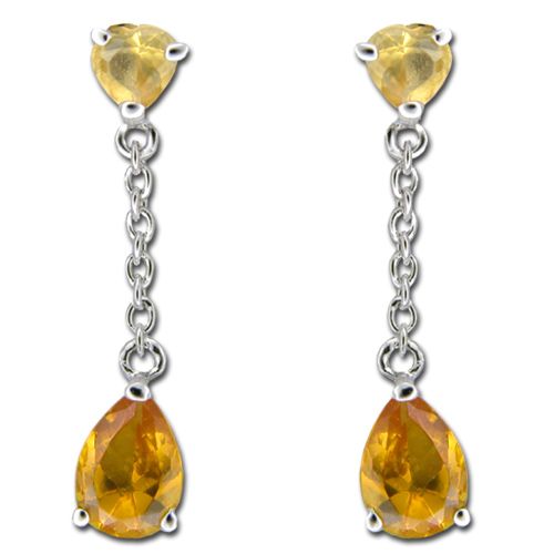 Sterling Silver Heart with Citrine Yellow CZ Dangling Earrings 
