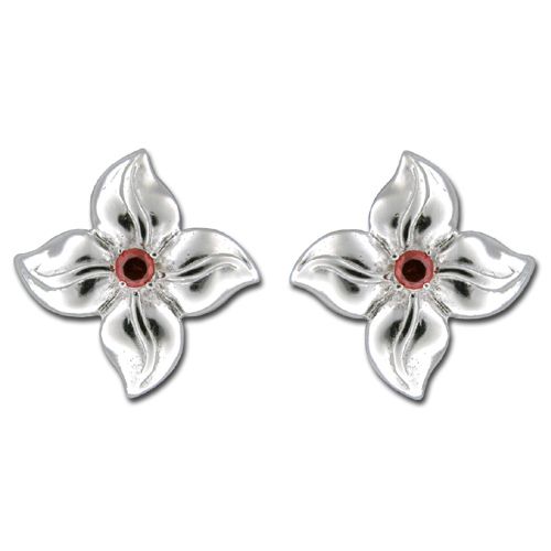 Sterling Silver Four Petal Flower with Ruby Red CZ Earrings 