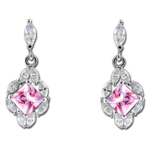 Sterling Silver CZ Leis with Oval Shaped Tourmaline Pink CZ Drop Earrings 