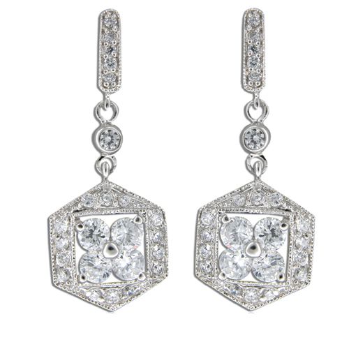 Sterling Silver Fine Engraved Hexagon with Clear CZ Drop Earrings 
