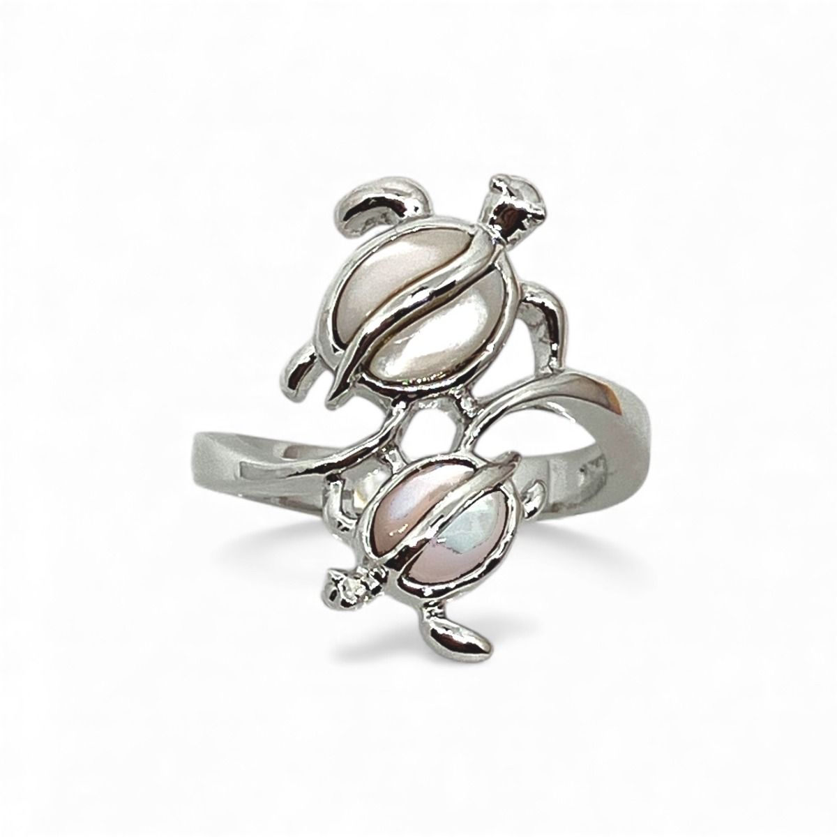 Sterling Silver Double Hawaiian Honu Ring with Soft Pink Mother of Pearl Shell