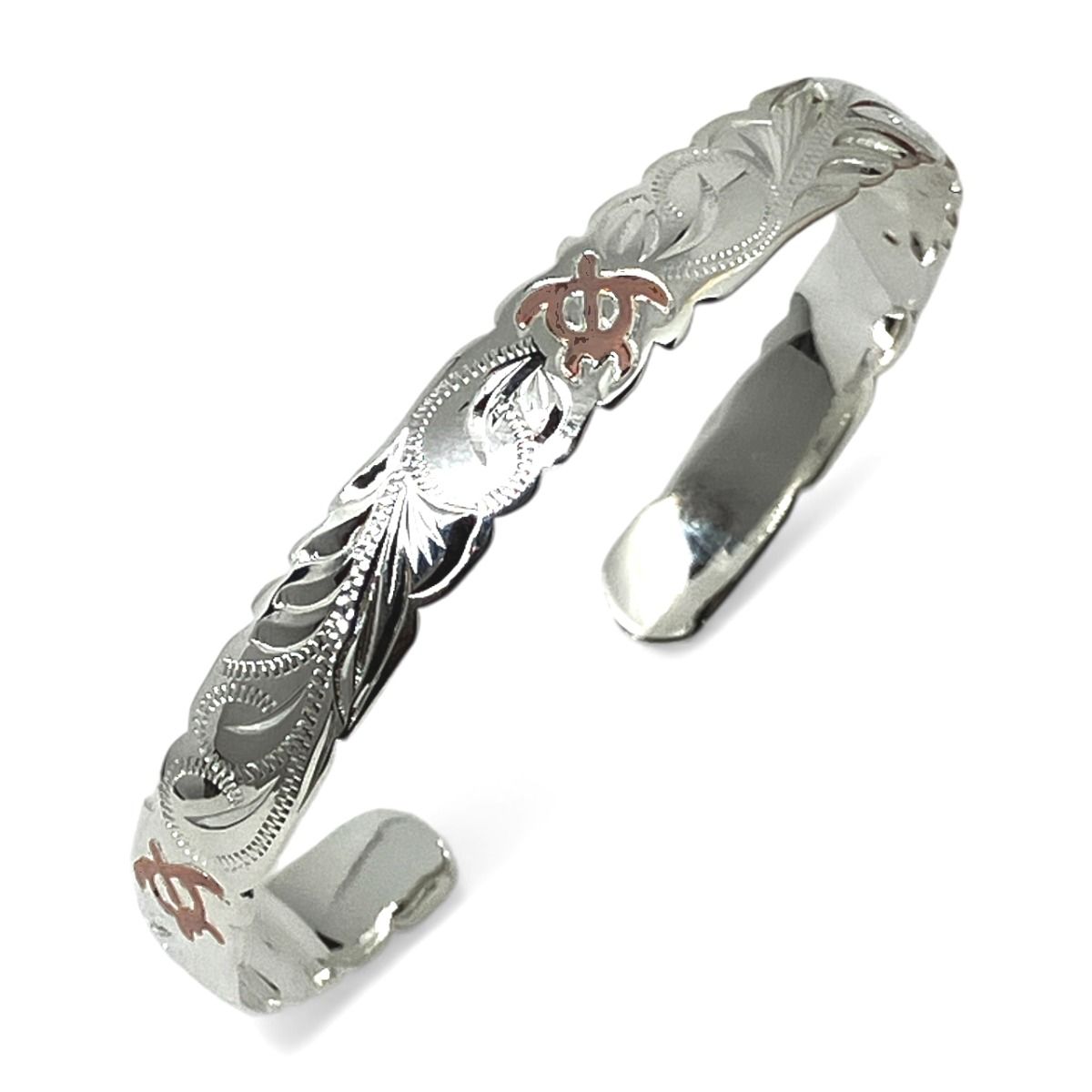 Sterling Silver Cut-out Scroll Design with Rose Gold Accented Honu Cuff Bangle